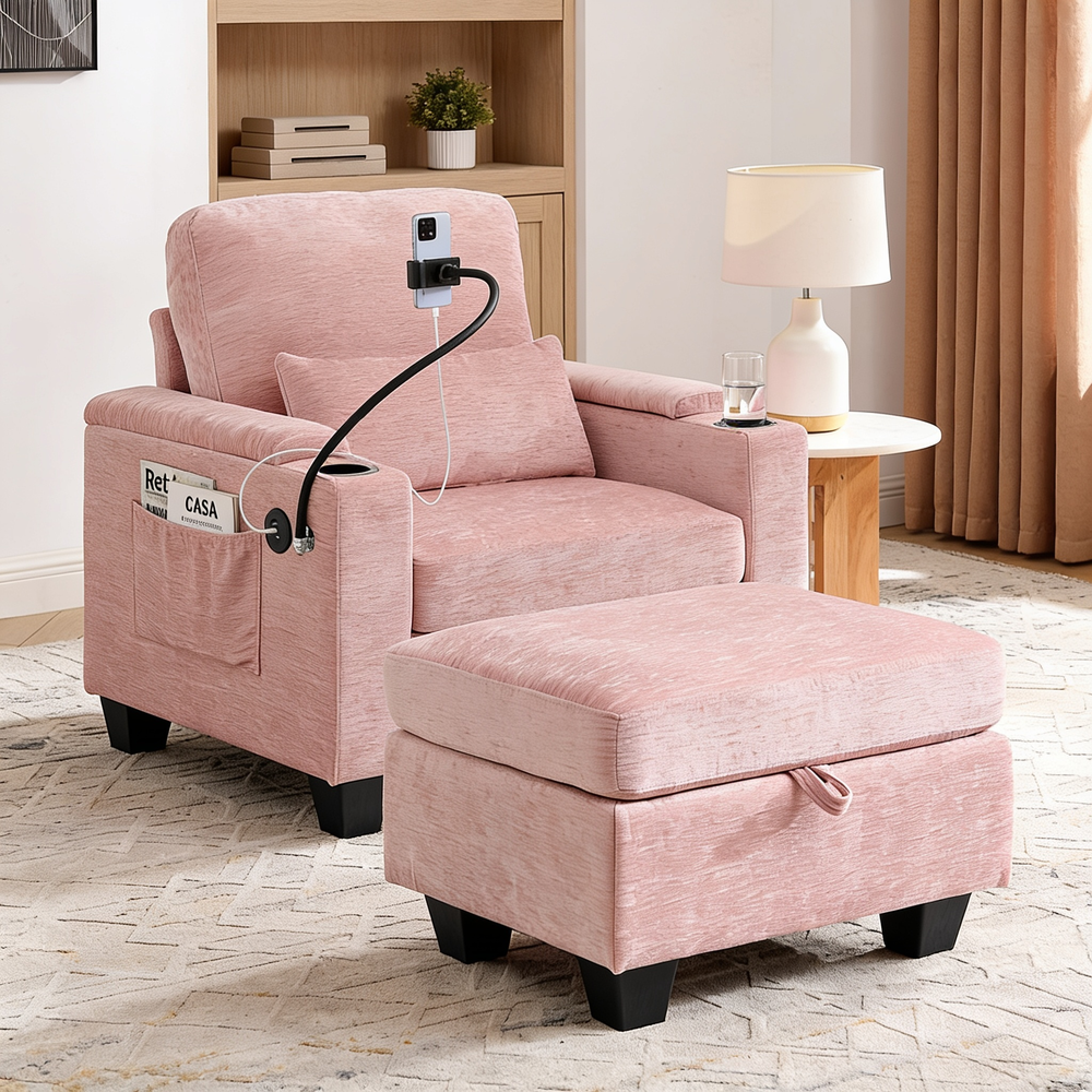 Single sofa recliner with manually adjustable backrest, USB charging port on the armrest side, phone stand included, hidden armrest??W487P423652 storage, and a matching storage ottoman-Pink - 正方形修复