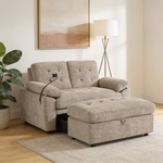 Leisure sofa chair,Double sofa recliner, with manually adjustable backrest, soft padded armrests, side USB charging port and phone stand, comes with a matching storage ottoman-Brown-W487S00518 - 场景图