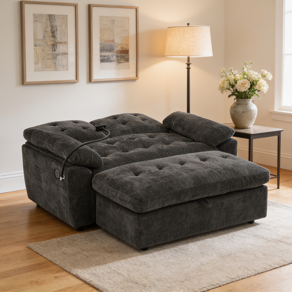 Leisure sofa chair,Double sofa recliner, with manually adjustable backrest, soft padded armrests, side USB charging port and phone stand, comes with a matching storage ottoman-Black-W487S00521 - 场景图