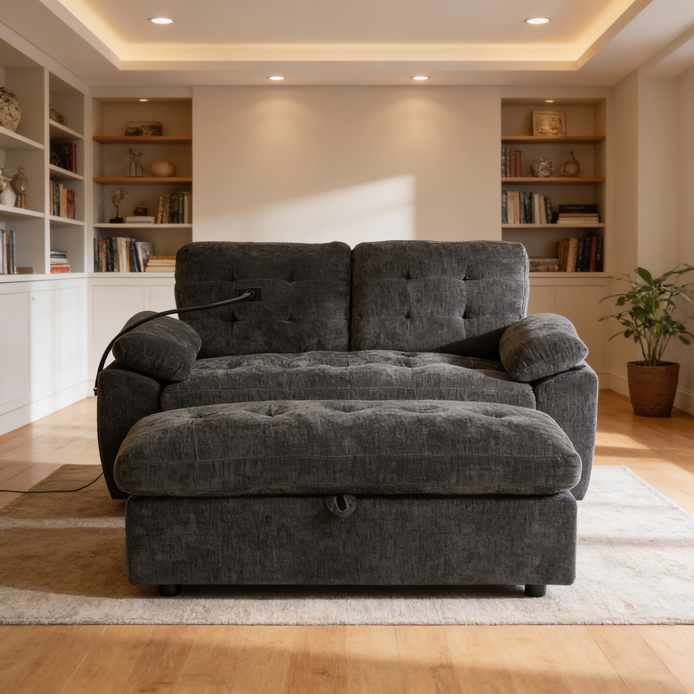Leisure sofa chair,Double sofa recliner, with manually adjustable backrest, soft padded armrests, side USB charging port and phone stand, comes with a matching storage ottoman-Black-W487S00521 - 场景图