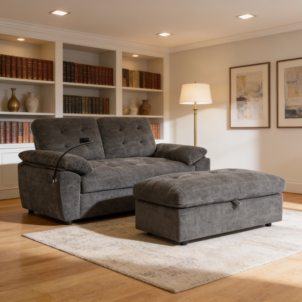 Leisure sofa chair,Double sofa recliner, with manually adjustable backrest, soft padded armrests, side USB charging port and phone stand, comes with a matching storage ottoman-Gray-W487S00522 - 场景图