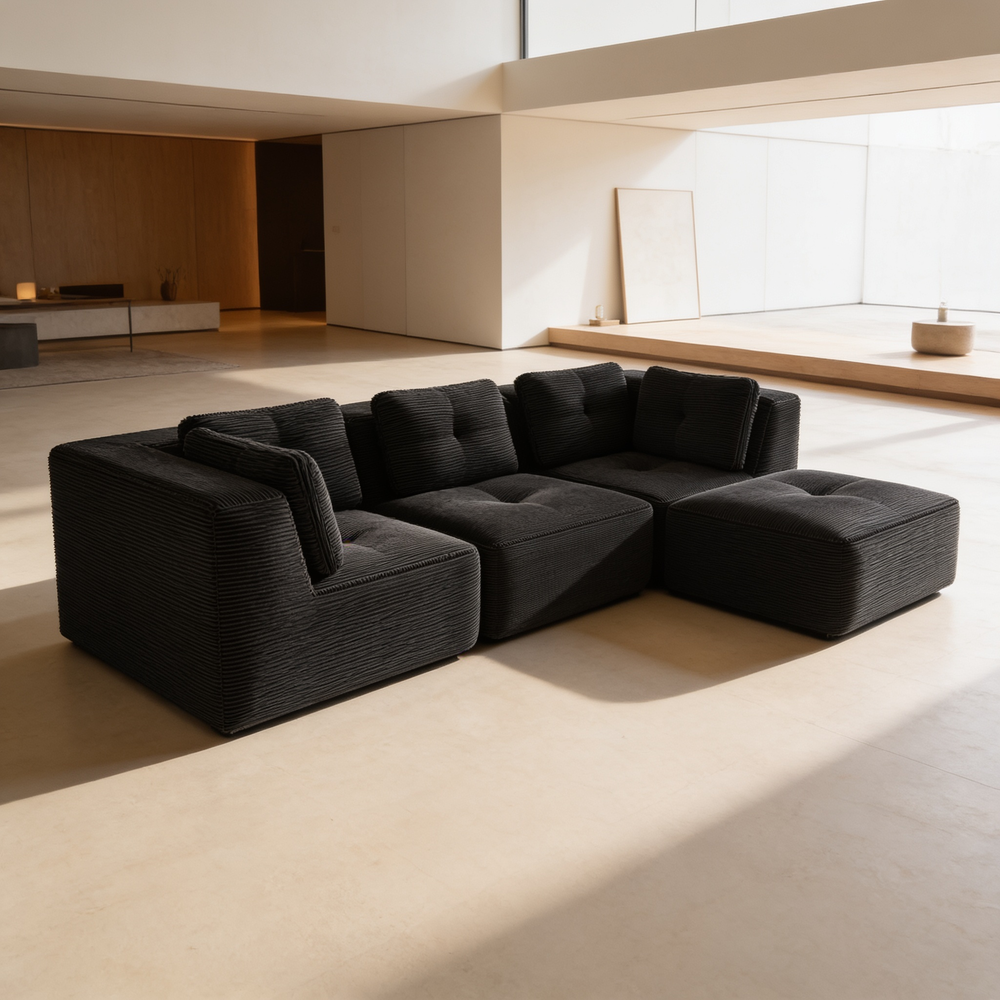 Modern Modular Sectional Sofa for Living Room, Corduroy Fabric,3-Seater Couch with Deep Seat and Movable Ottoman,Pearl-like piping, Tufted Design, No Assembly, Anti-slip Design, Black-W714S01790 - 场景图