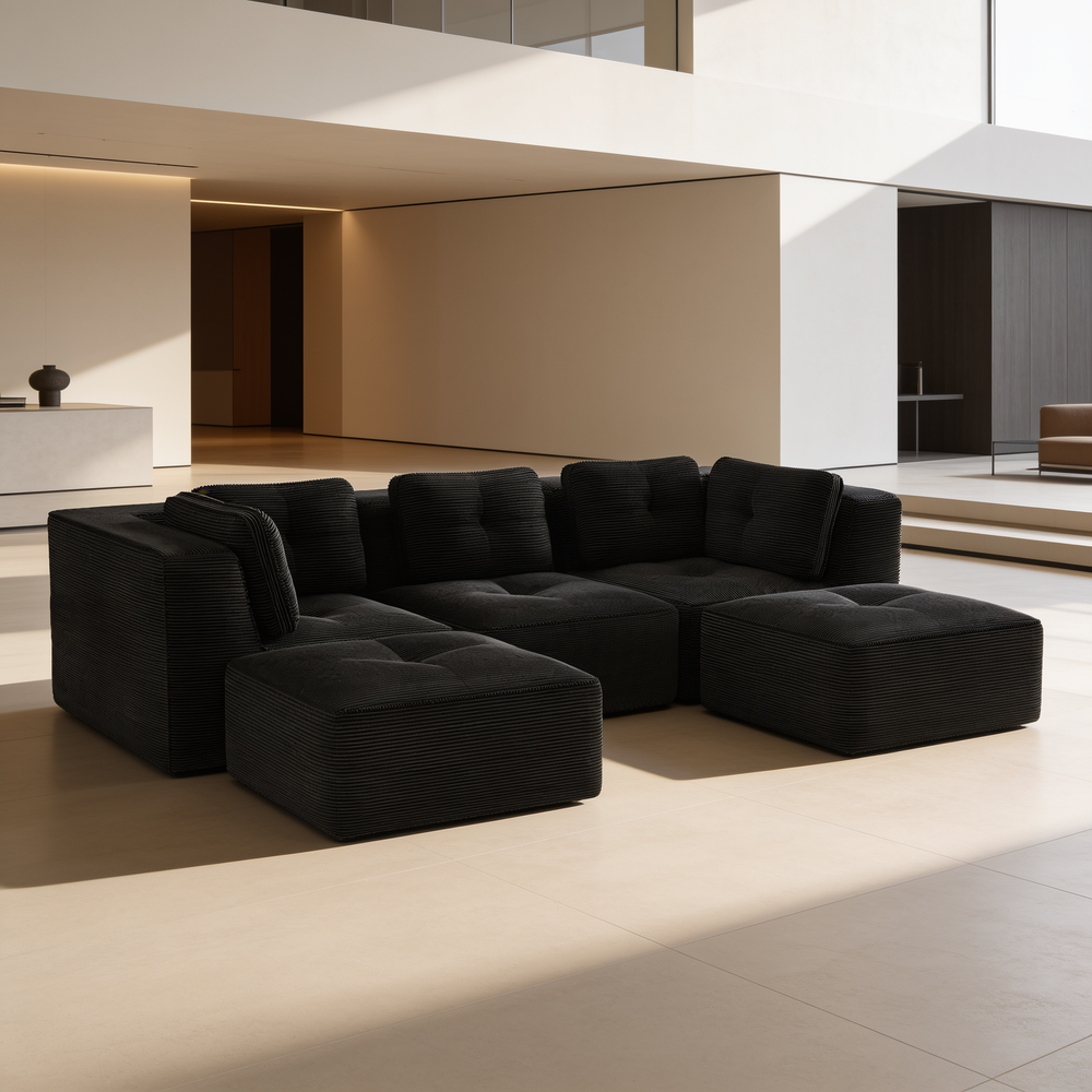 Modern U-Shaped Modular Sectional Sofa for Living Room, Corduroy Fabric,3-Seat Couch with Deep Seat and 2-Movable Ottoman,Pearl-like piping, Tufted Design, No Assembly, Anti-slip Design, Black-W714S01791 - 场景图