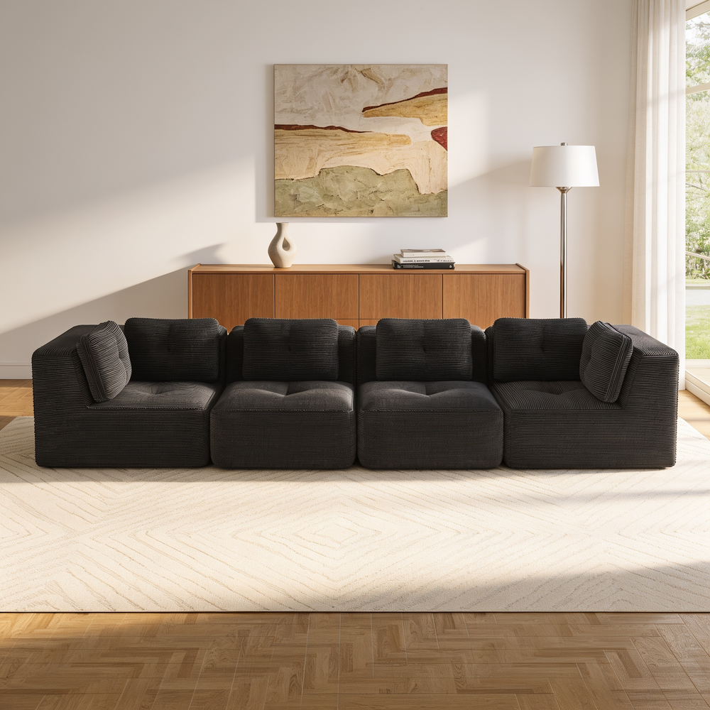 Modern Modular Sectional Sofa for Living Room, Corduroy Fabric, Oversized 4-Seaterwith Deep Seat , Pearl-like piping, Tufted Design, No Assembly, Anti-slip Design, Black-W714S01792 - 场景图