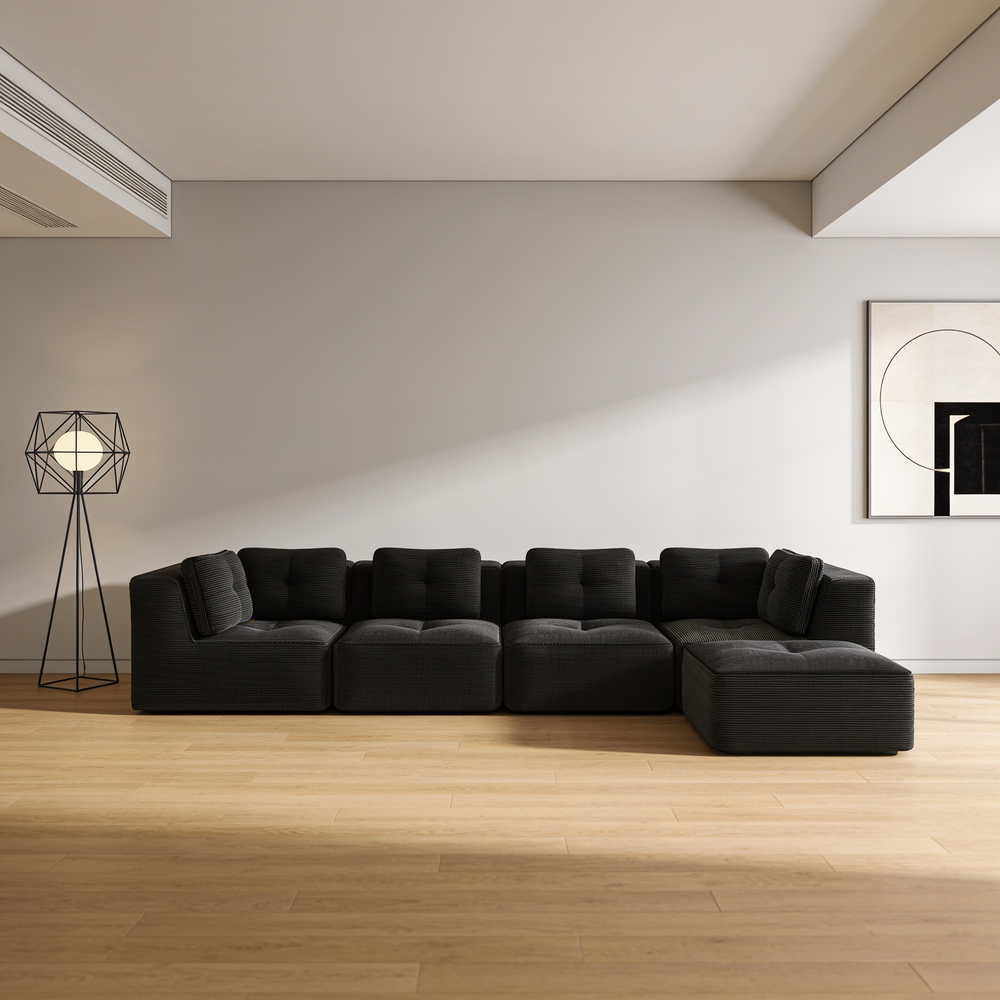 Modern Modular Sectional Sofa for Living Room, Corduroy Fabric, 4-Seater Couch with Deep Seat and Movable Ottoman,Pearl-like piping, Tufted Design,No Assembly, Anti-slip Design,Black-W714S01793 - 场景图