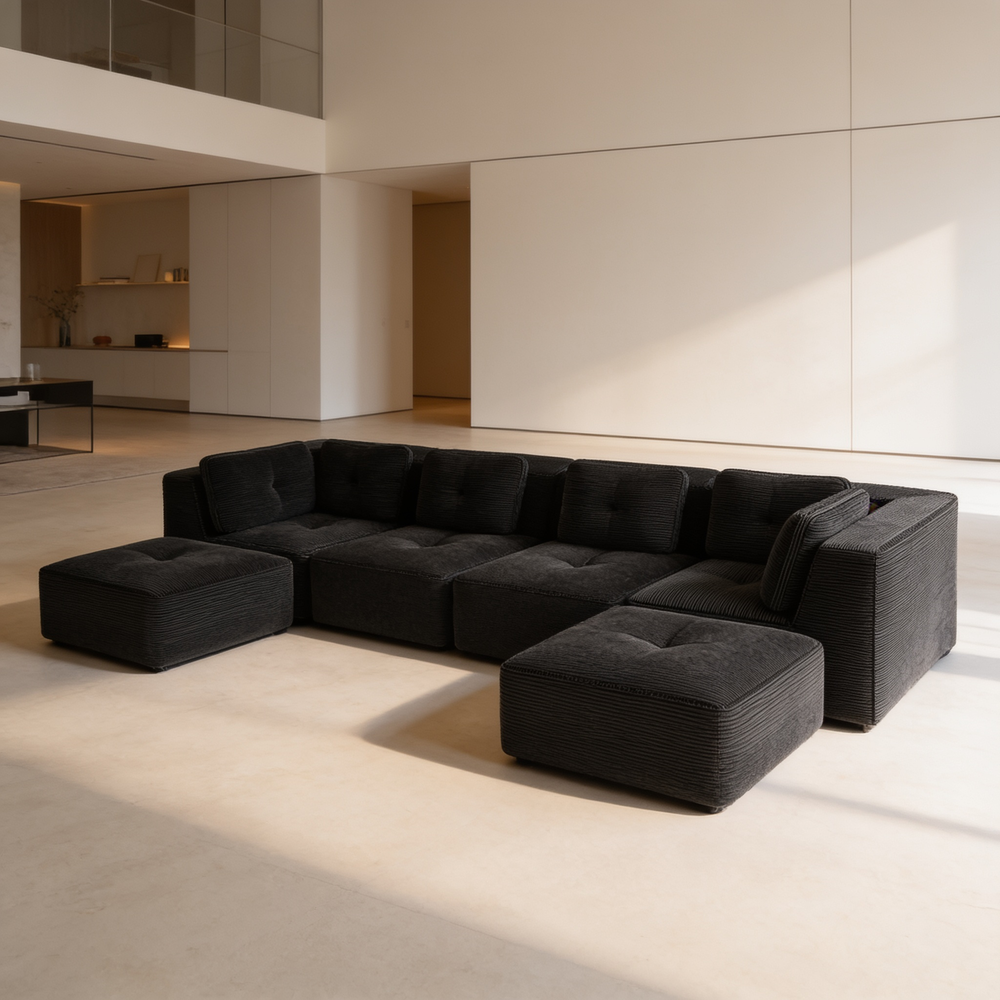 Modern U-Shaped Modular Sectional Sofa for Living Room, Corduroy Fabric,4-Seater Couch with Deep Seat and 2-Movable Ottoman,Pearl-like piping, Tufted Design, No Assembly, Anti-slip Design, Black-W714S01794 - 场景图