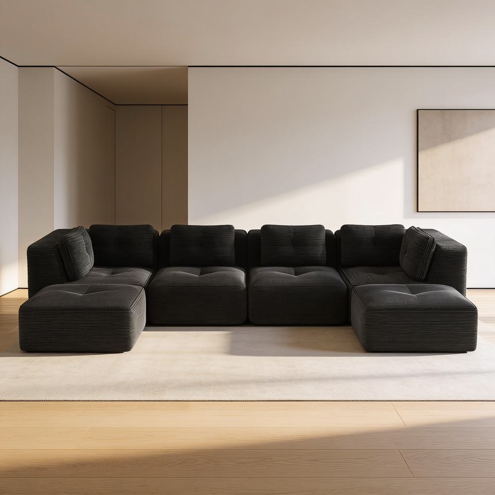Modern U-Shaped Modular Sectional Sofa for Living Room, Corduroy Fabric,4-Seater Couch with Deep Seat and 2-Movable Ottoman,Pearl-like piping, Tufted Design, No Assembly, Anti-slip Design, Black-W714S01794 - 场景图