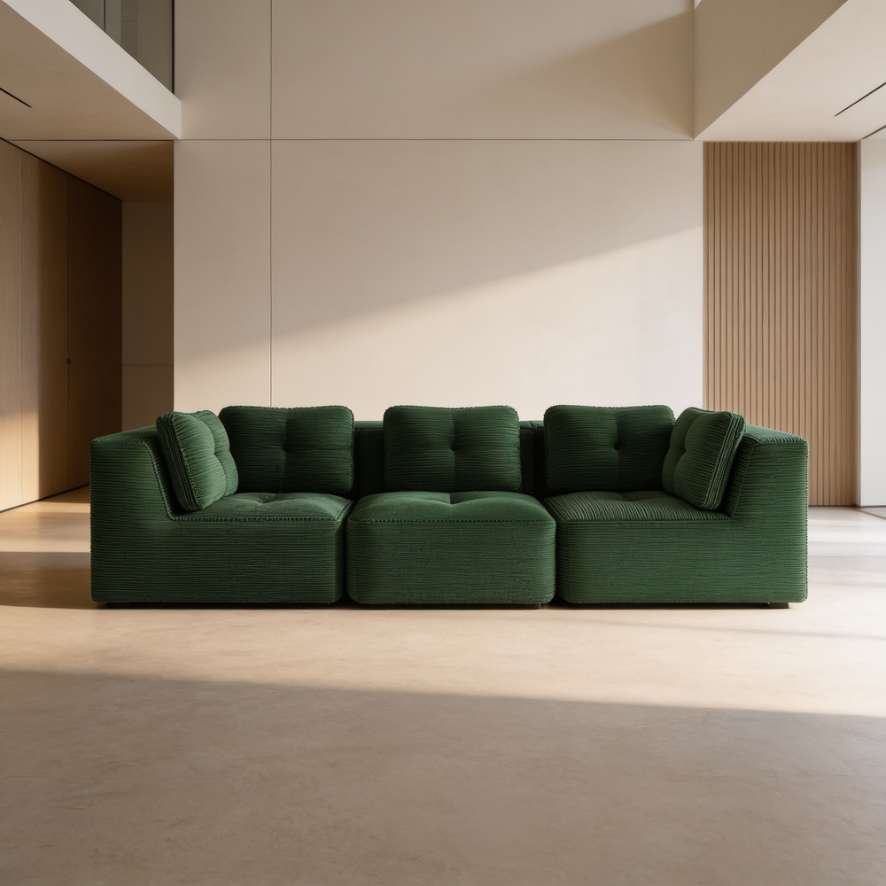 Modern Modular Sectional Sofa for Living Room, Corduroy Fabric, Oversized 3-Seaterwith Deep Seat , Pearl-like piping, Tufted Design, No Assembly, Anti-slip Design, Green-W714S01795 - 场景图
