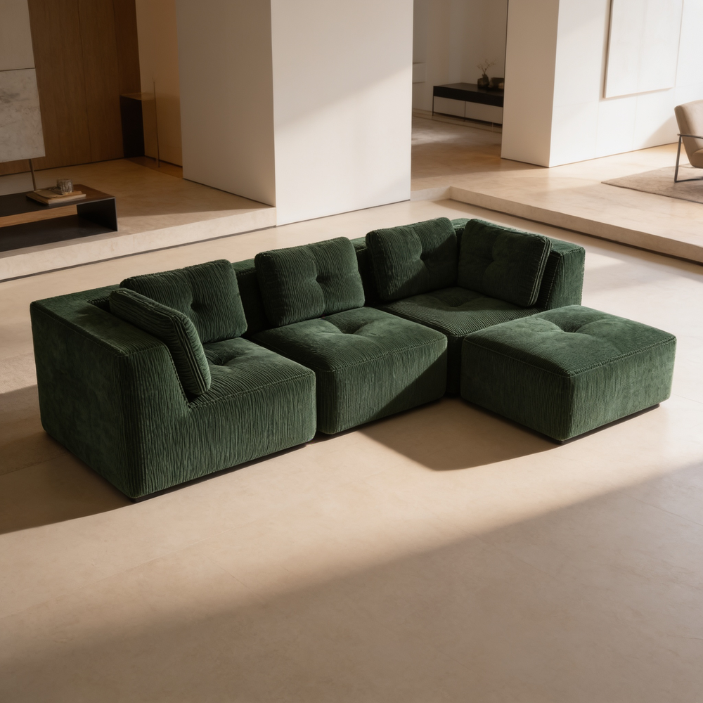 Modern Modular Sectional Sofa for Living Room, Corduroy Fabric,3-Seater Couch with Deep Seat and Movable Ottoman,Pearl-like piping, Tufted Design, No Assembly, Anti-slip Design, Green-W714S01796 - 场景图