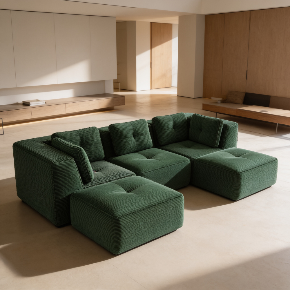 Modern U-Shaped Modular Sectional Sofa for Living Room, Corduroy Fabric,3-Seater Couch with Deep Seat and 2-Movable Ottoman,Pearl-like piping, Tufted Design, No Assembly, Anti-slip Design, Green-W714S01797 - 场景图