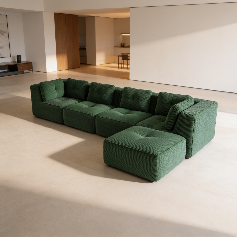 Modern Modular Sectional Sofa for Living Room, Corduroy Fabric, 4-Seater Couch with Deep Seat and Movable Ottoman,Pearl-like piping, Tufted Design,No Assembly, Anti-slip Design,Green-W714S01799 - 场景图