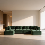 Modern U-Shaped Modular Sectional Sofa for Living Room, Corduroy Fabric,4-Seater Couch with Deep Seat and 2-Movable Ottoman,Pearl-like piping, Tufted Design, No Assembly, Anti-slip Design, Green-W714S01800 - 场景图