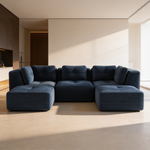 Modern Modular Sectional Sofa for Living Room, Corduroy Fabric,3-Seater Couch with Deep Seat and 2-Movable Ottoman,Pearl-like piping, Tufted Design, No Assembly, Anti-slip Design, Blue-W714S01803 - 场景图