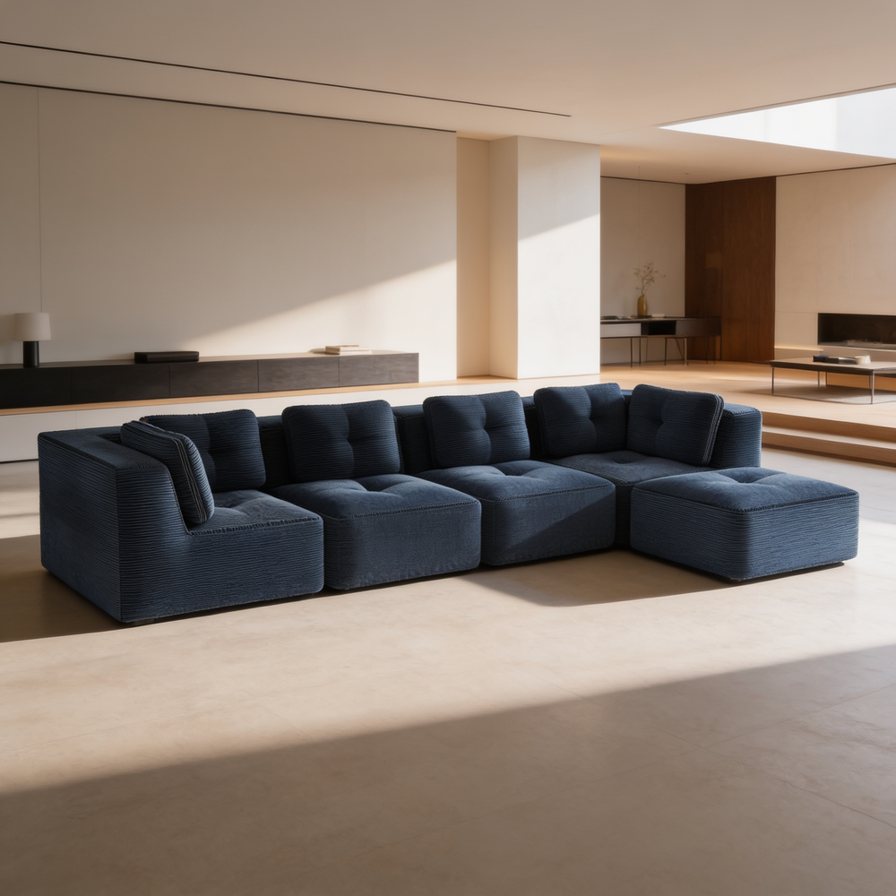 Modern Modular Sectional Sofa for Living Room, Corduroy Fabric, 4-Seater Couch with Deep Seat and Movable Ottoman,Pearl-like piping, Tufted Design,No Assembly, Anti-slip Design,Blue-W714S01805 - 场景图