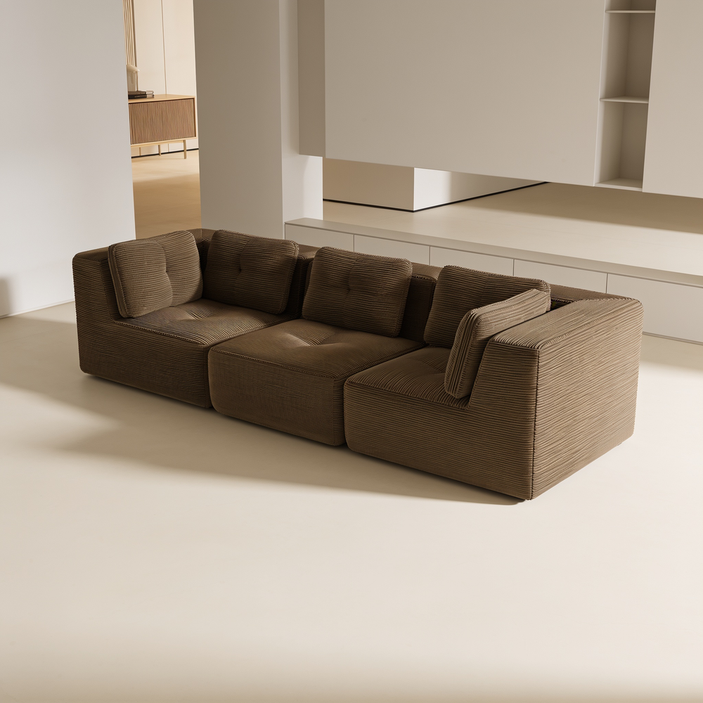 Modern Modular Sectional Sofa for Living Room, Corduroy Fabric, Oversized 3-Seaterwith Deep Seat , Pearl-like piping, Tufted Design, No Assembly, Anti-slip Design, Brown-W714S01807 - 场景图