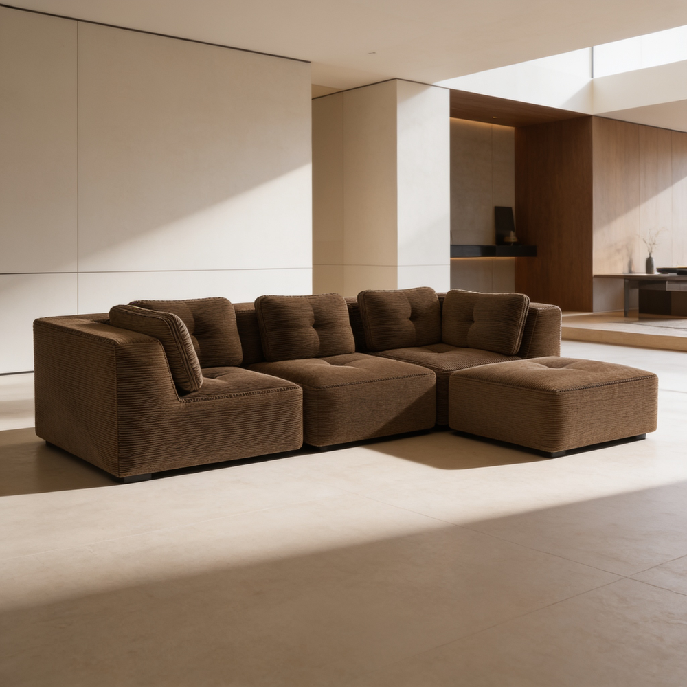 Modern Modular Sectional Sofa for Living Room, Corduroy Fabric,3-Seater Couch with Deep Seat and Movable Ottoman,Pearl-like piping, Tufted Design, No Assembly, Anti-slip Design, Brown-W714S01808 - 场景图