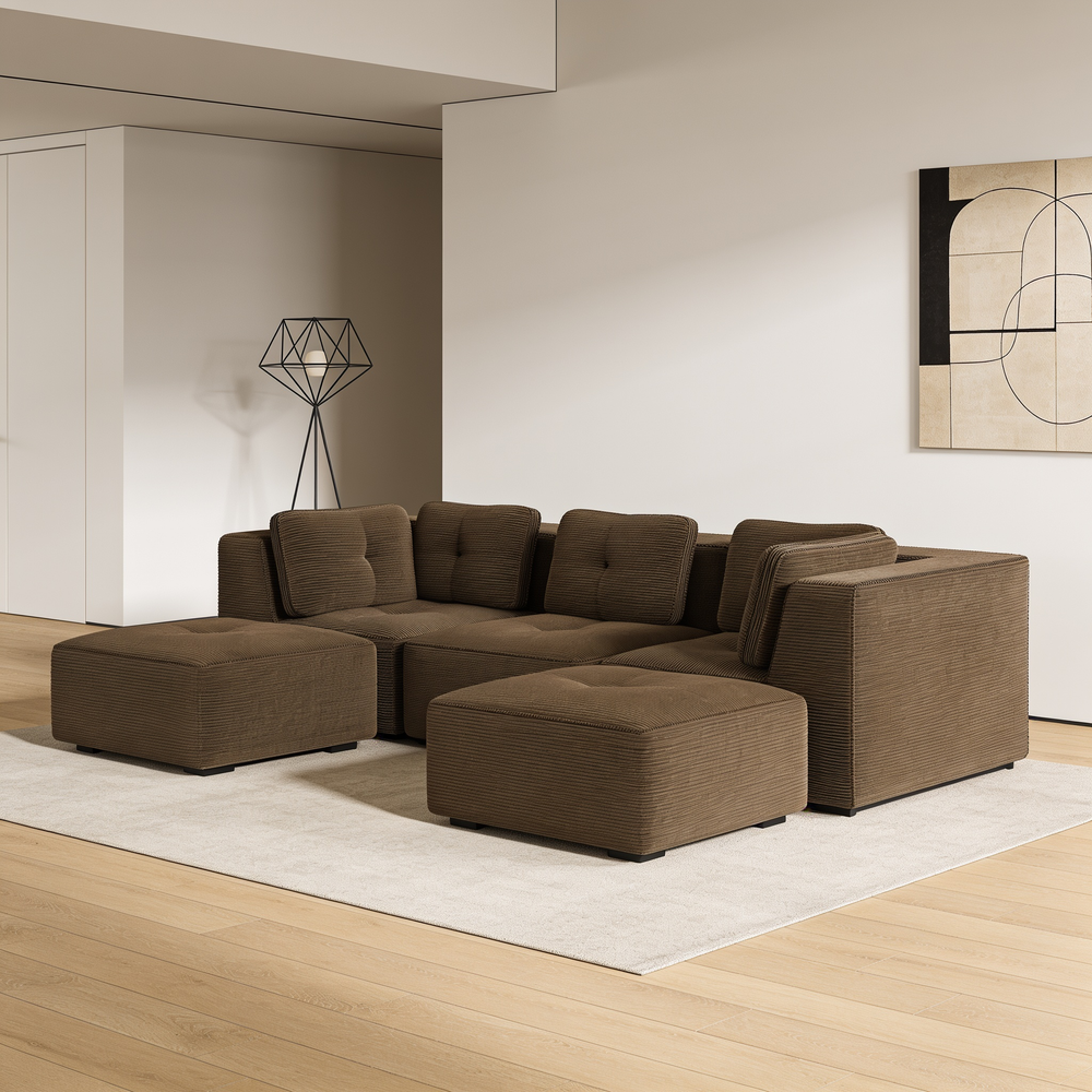 Modern Modular Sectional Sofa for Living Room, Corduroy Fabric,3-Seater Couch with Deep Seat and 2-Movable Ottoman,Pearl-like piping, Tufted Design, No Assembly, Anti-slip Design, Brown-W714S01809 - 场景图