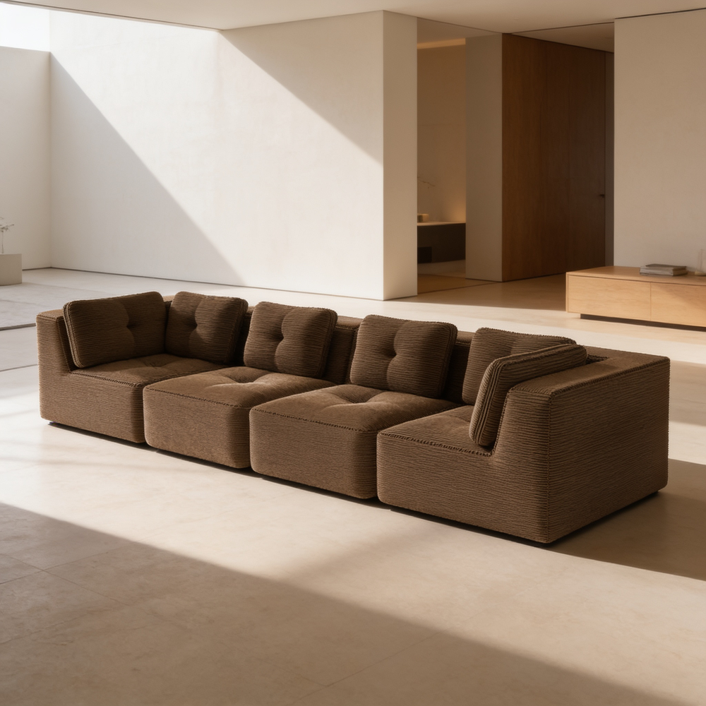 Modern Modular Sectional Sofa for Living Room, Corduroy Fabric, Oversized 4-Seaterwith Deep Seat , Pearl-like piping, Tufted Design, No Assembly, Anti-slip Design, Brown-W714S01810 - 场景图