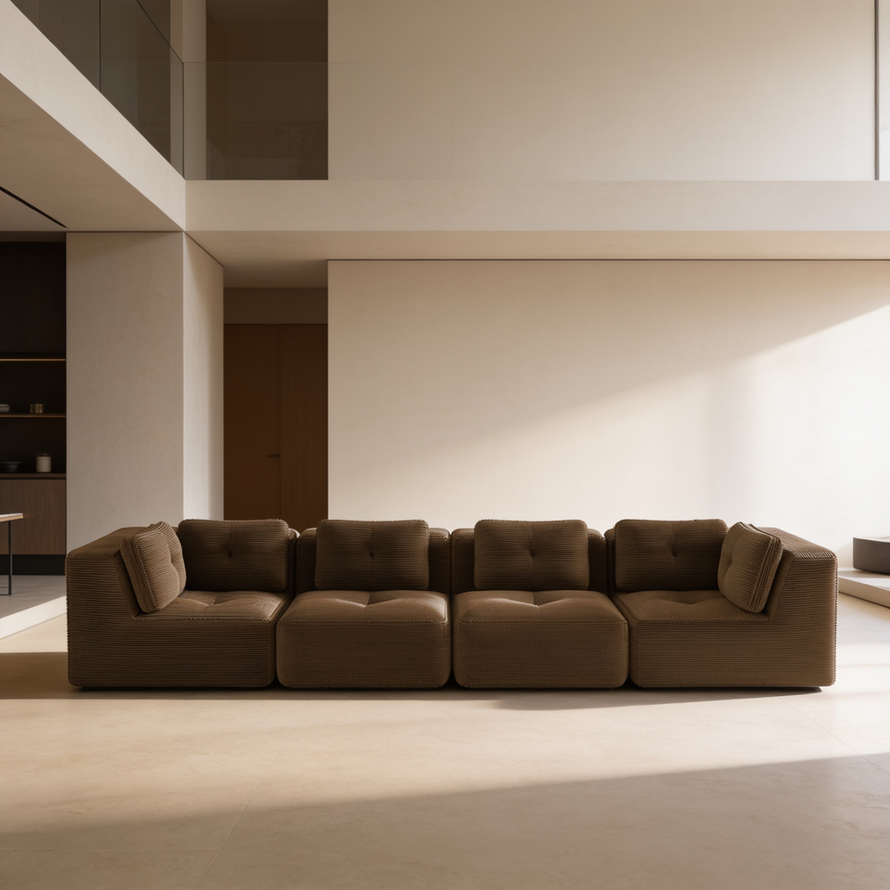 Modern Modular Sectional Sofa for Living Room, Corduroy Fabric, Oversized 4-Seaterwith Deep Seat , Pearl-like piping, Tufted Design, No Assembly, Anti-slip Design, Brown-W714S01810 - 场景图
