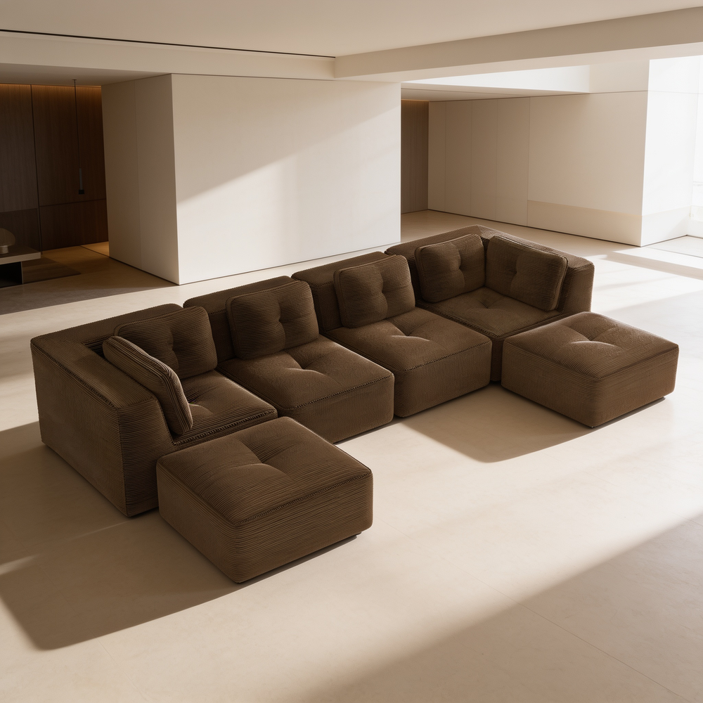Modern Modular Sectional Sofa for Living Room, Corduroy Fabric,4-Seater Couch with Deep Seat and 2-Movable Ottoman,Pearl-like piping, Tufted Design, No Assembly, Anti-slip Design, Brown-W714S01812 - 场景图