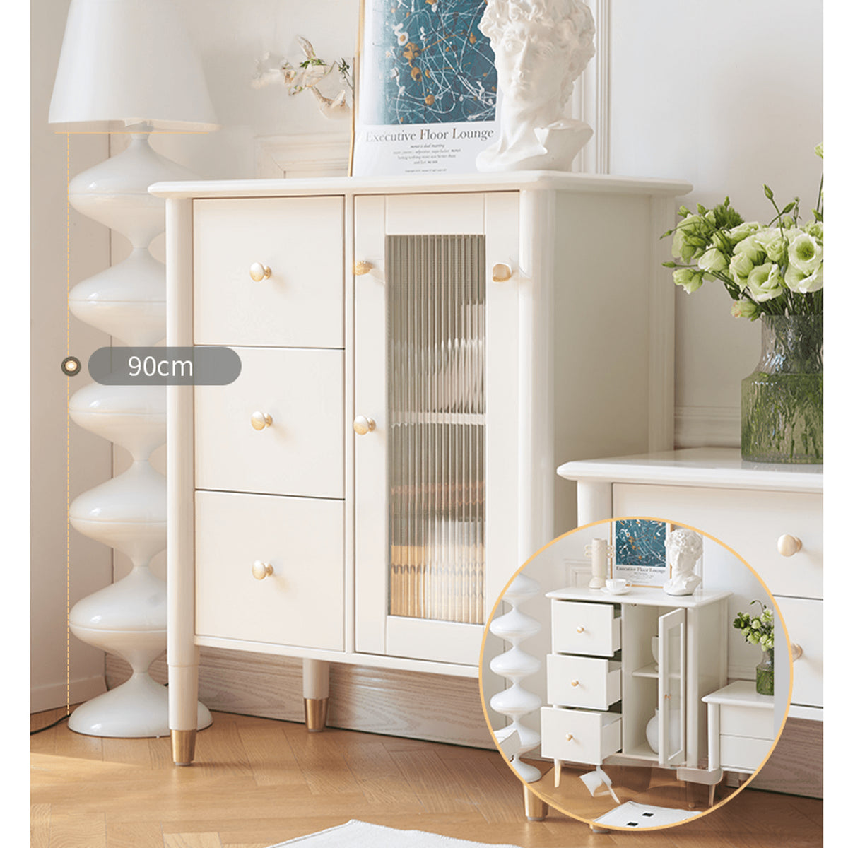 Oak Glass Door White Particle Board Cabinet - Sleek & Modern Storage Solution yw-190