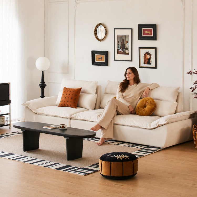 Sailboat-Inspired Fabric Sofa, Off-White Extra-Deep Couch with Solid Wood Frame for Spacious Living Room yw-217