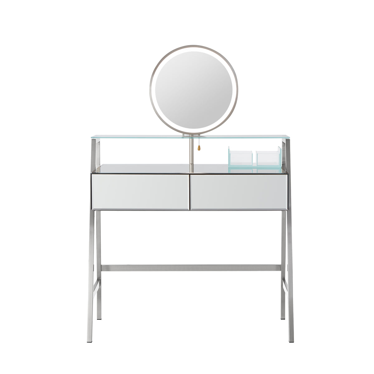 33.9" Mirrored Makeup Vanity Desk with Mirror and Lights, Mirrored Console Vanity Table with 2 Big Drawers & Open Shelf, Dressing Table with Charging Station for Bedroom, Silver FG202302AAA-djyc