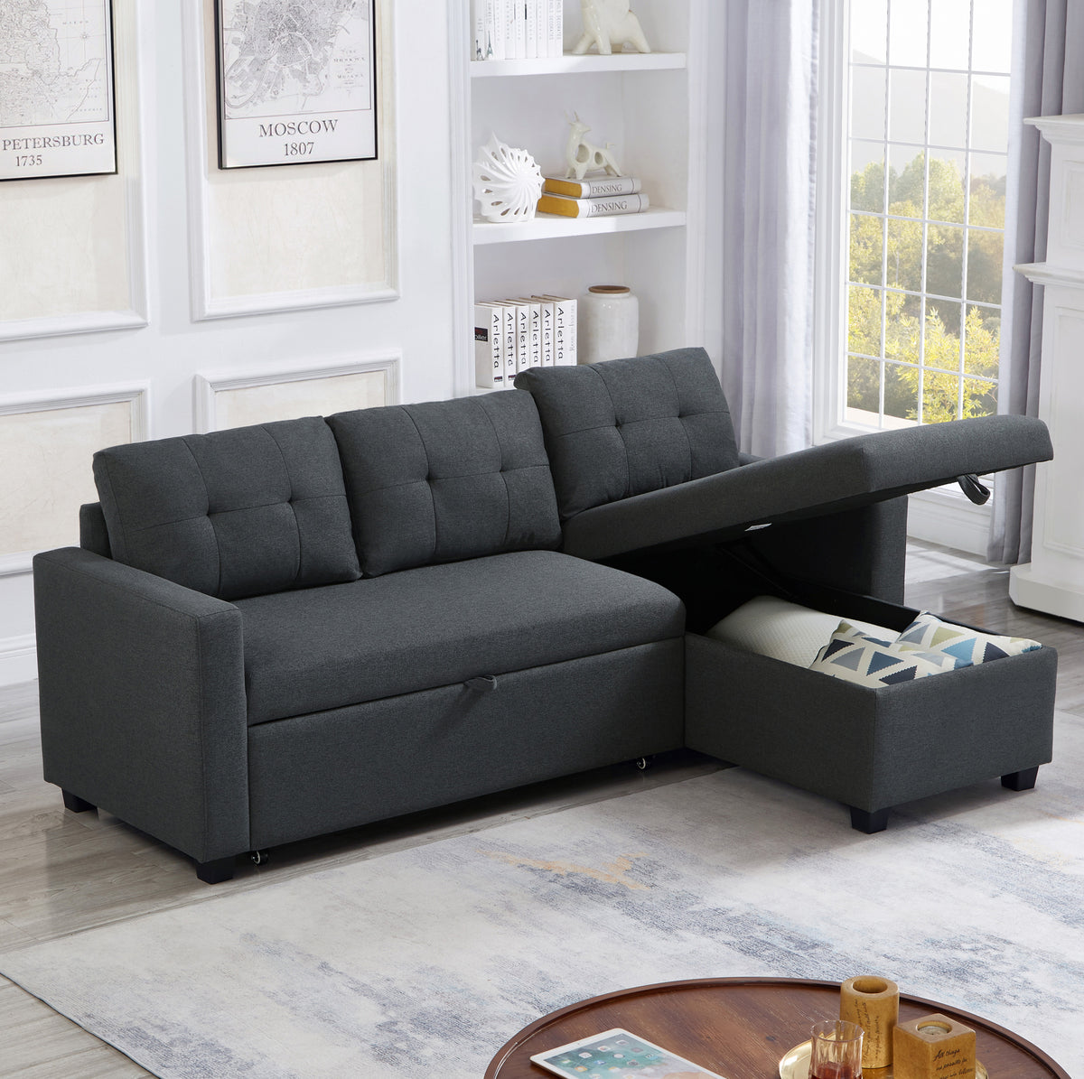 Upholstered Pull Out Sectional Sofa with Storage Chaise, Convertible Corner Couch, Dark Grey W2336S00012-djyc