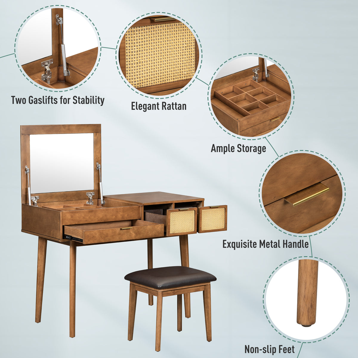 43.3" Classic Wood Makeup Vanity Set with Flip-top Mirror and Stool, Dressing Table with Three Drawers and storage space, Brown N704P165645-djyc