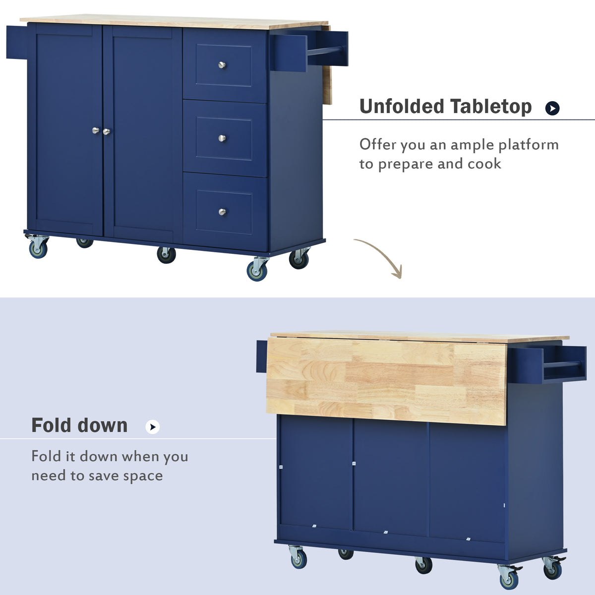 Rolling Mobile Kitchen Island with Drop Leaf - Solid Wood Top, Locking Wheels & Storage Cabinet 52.7 Inch Width(Dark blue) WF287035AAN-djyc