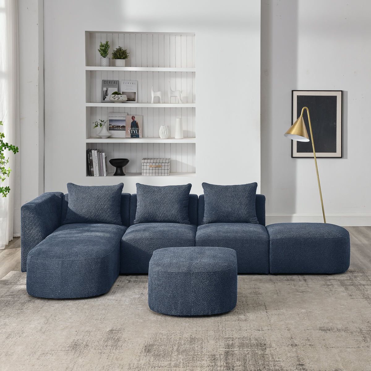 L Shape Sectional Sofa including Two Single Seats, Left Side Chaise and Two Ottomans, Modular Sofa, DIY Combination, Loop Yarn Fabric, Navy W487S00160-djyc