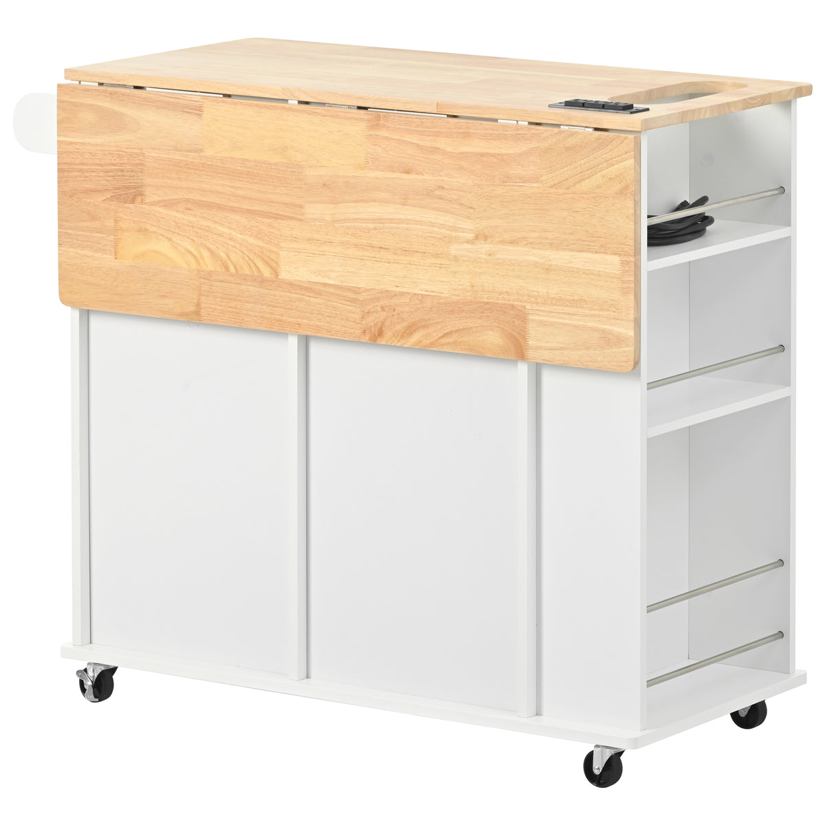 Kitchen Island with Power Outlet,Kitchen Storage Island with Drop Leaf and Rubber Wood,Open Storage and Wine Rack,5 Wheels,with Adjustable Storage for Home, Kitchen, and Dining Room,White WF305556AAW-djyc