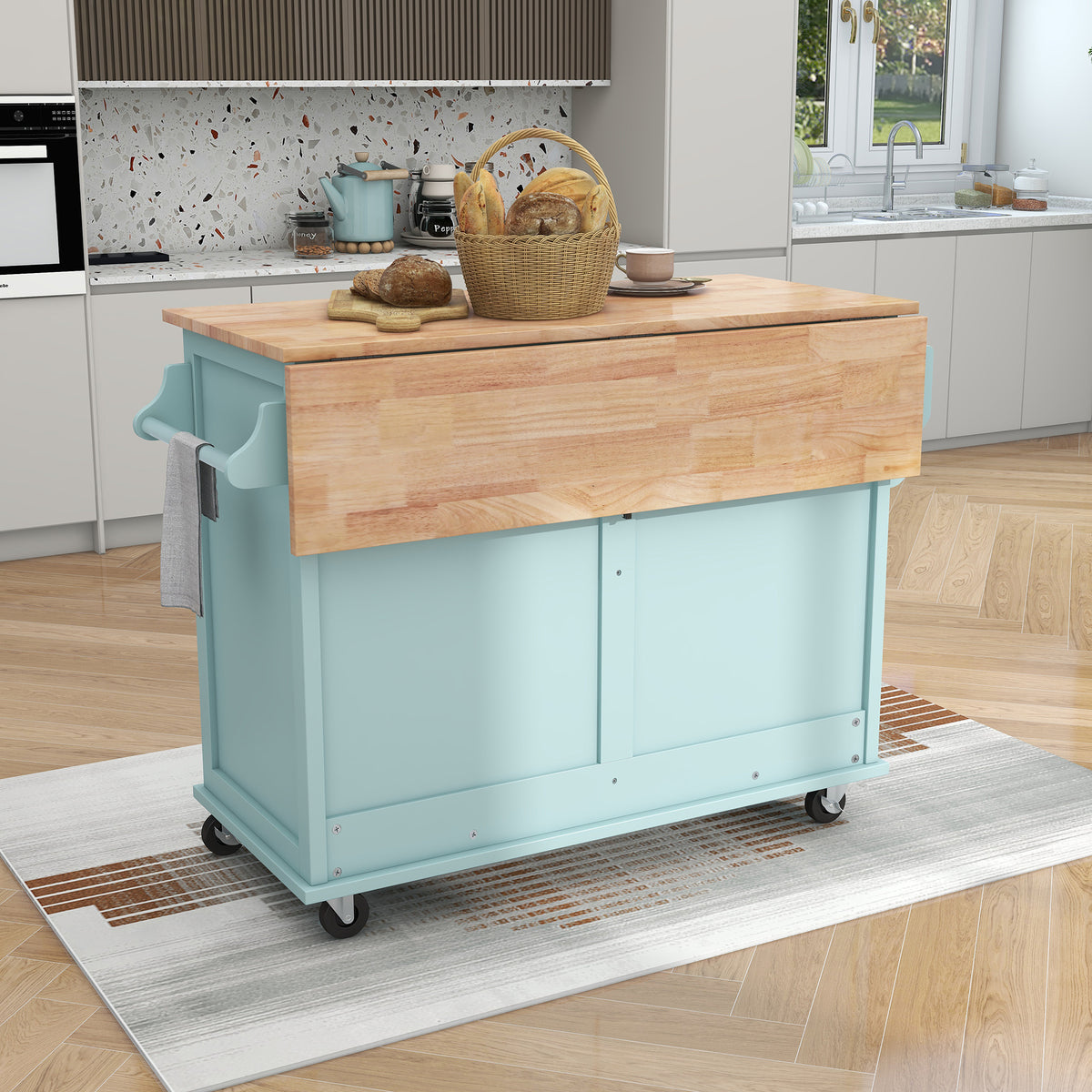 Kitchen Cart with Rubber wood Drop-Leaf Countertop, Concealed sliding barn door adjustable height,Kitchen Island on 4 Wheels with Storage Cabinet and 2 Drawers,L52.2xW30.5xH36.6 inch, Mint Green SK000001AAE-djyc