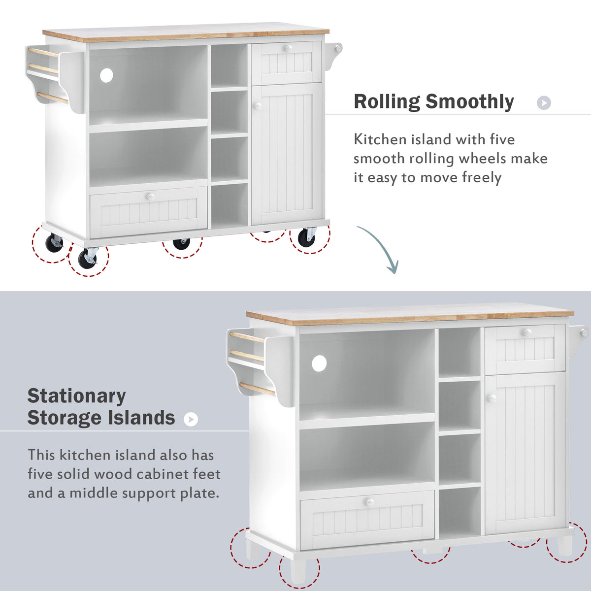 Kitchen Island Cart with Storage Cabinet and Two Locking Wheels,Solid wood desktop,Microwave cabinet,Floor Standing Buffet Server Sideboard for Kitchen Room,Dining Room,, Bathroom(White) WF296670AAW-djyc