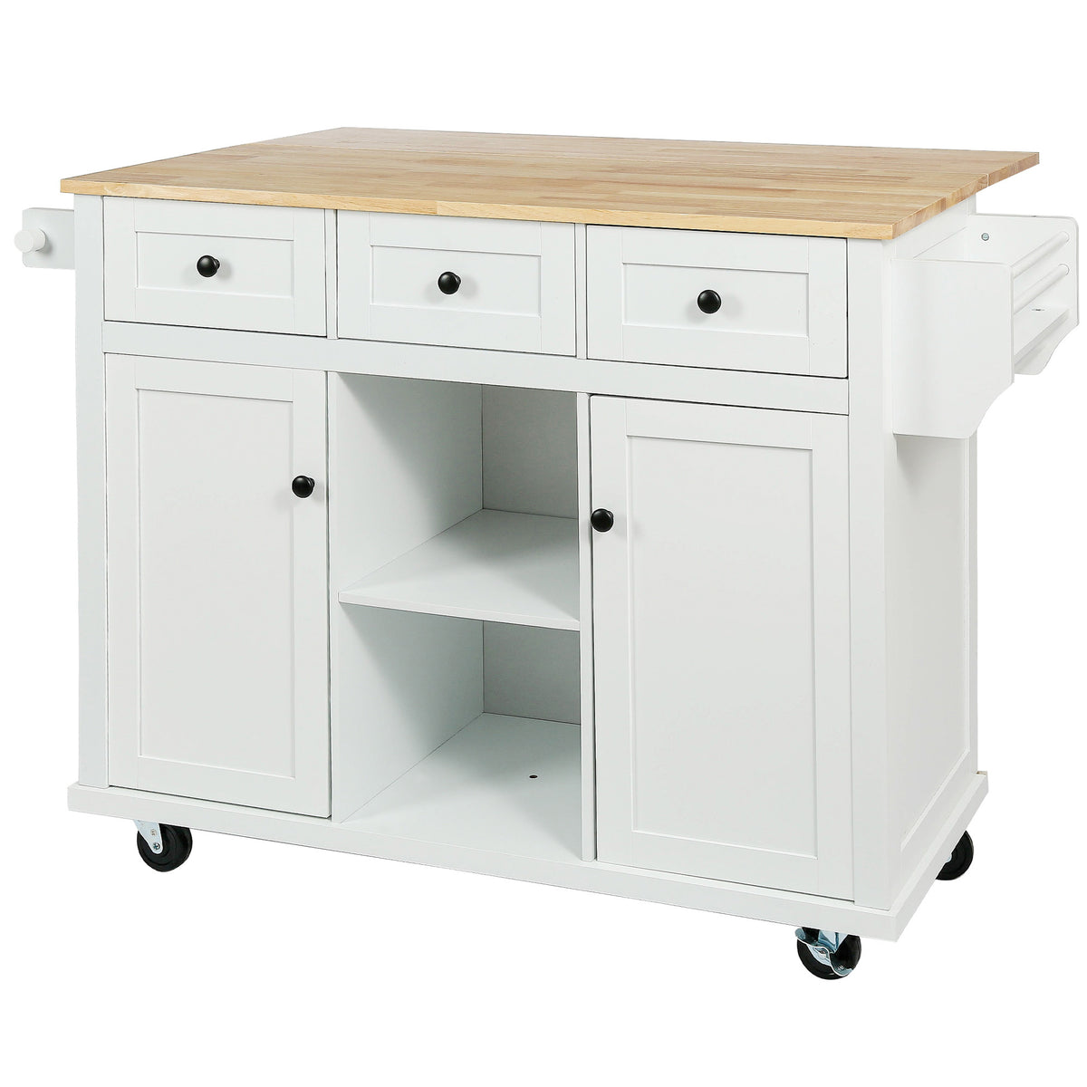 Kitchen Cart with Rubber wood Drop-Leaf Countertop ,Cabinet door internal storage racks,Kitchen Island on 5 Wheels with Storage Cabinet and 3 Drawers for Dinning Room,White WF298028AAW-djyc