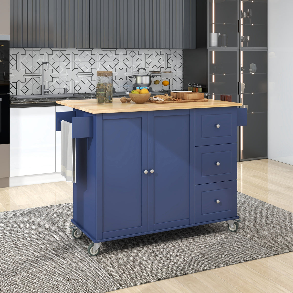 Rolling Mobile Kitchen Island with Drop Leaf - Solid Wood Top, Locking Wheels & Storage Cabinet 52.7 Inch Width(Dark blue) WF287035AAN-djyc