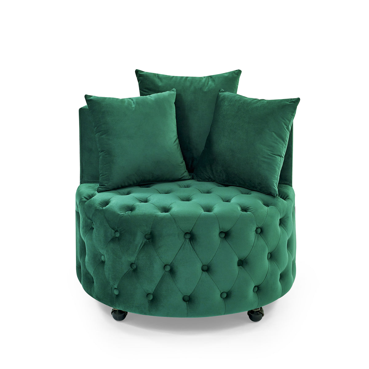 Velvet Upholstered Swivel Chair for Living Room, with Button Tufted Design and Movable Wheels, Including 3 Pillows, Green W48790919-djyc