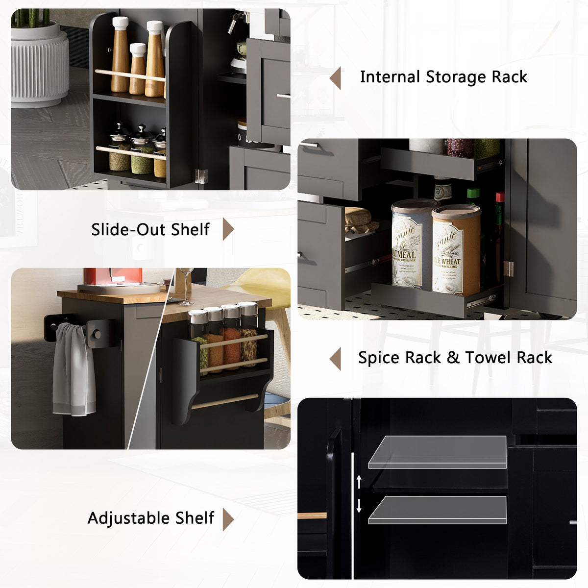 K&K Rolling Kitchen Island with Storage, Kitchen Cart with Rubber Wood Top, 3 Drawer, 2 Slide-Out Shelf and Internal Storage Rack, Kitchen Island on Wheels with Spice Rack & Tower Rack, Black WF316599AAB-djyc