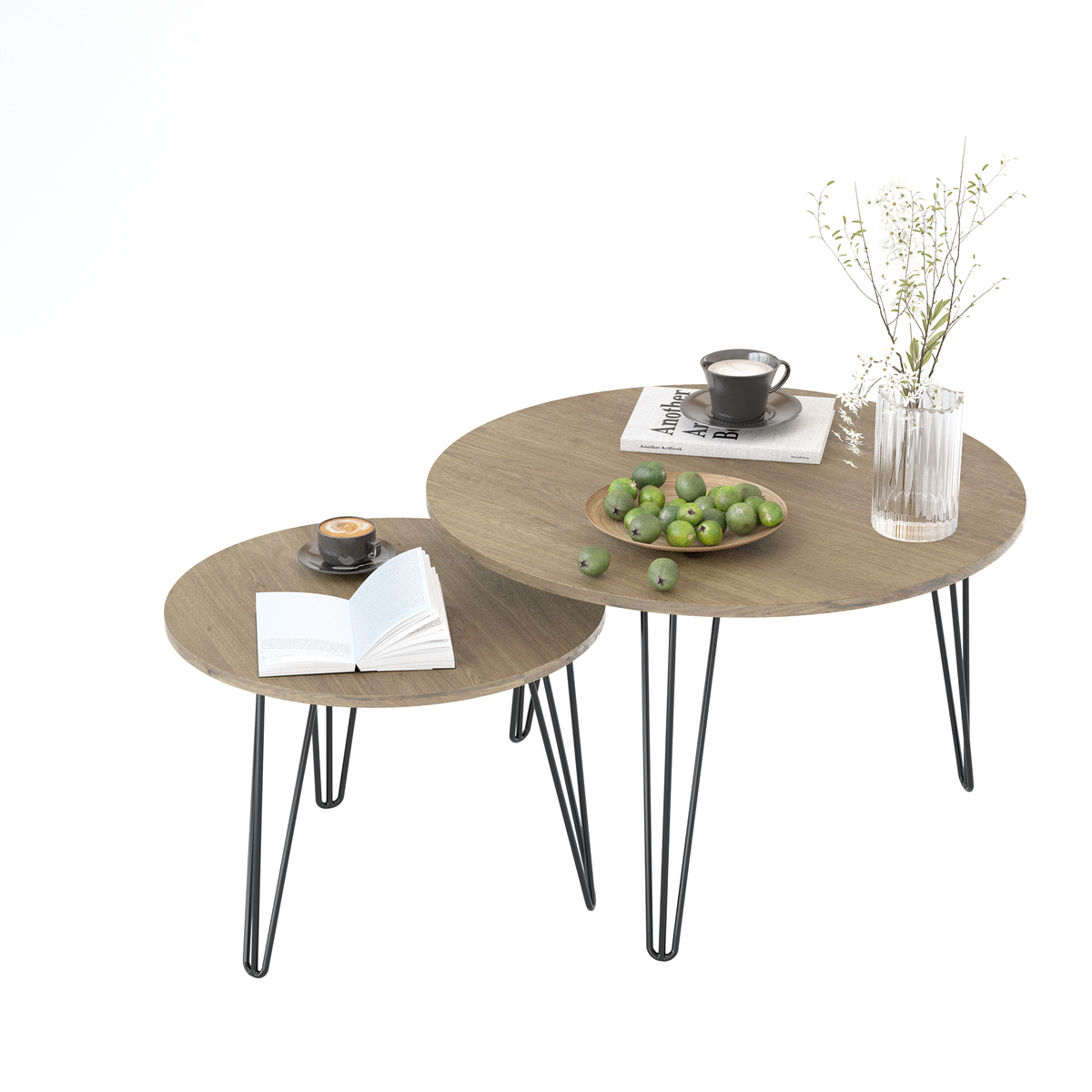 27.56'' Round Nesting Coffee Table Set of 2, Circular Nesting End Table Set, Round Wooden Tabletop, and Sturdy Metal Base for Living Room, bedroom, Brown W808P176732-djyc