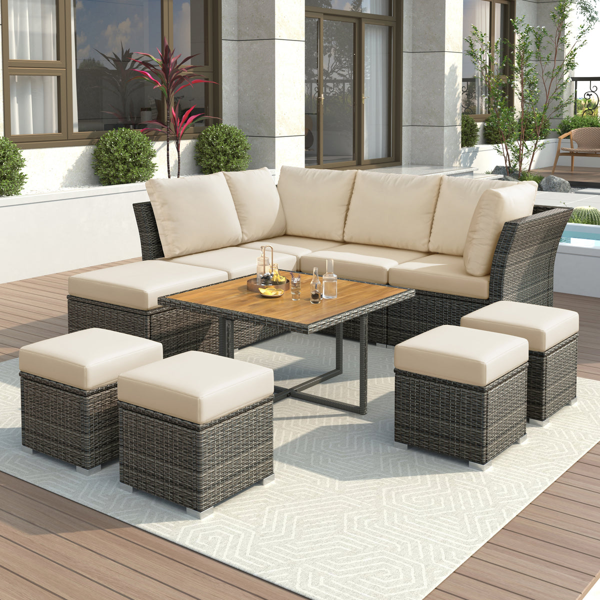 U_STYLE Patio Furniture Set, 10 Piece Outdoor Conversation Set, CoffeeTable with Ottomans, Solid wood coffee table WY000378AAA-djyc