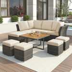 U_STYLE Patio Furniture Set, 10 Piece Outdoor Conversation Set, CoffeeTable with Ottomans, Solid wood coffee table WY000378AAA-djyc