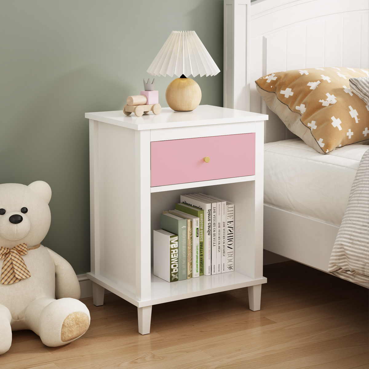 26.77''H Wooden Nightstand with One Drawer One Shelf for Kids, Adults, Pink W80859135-djyc