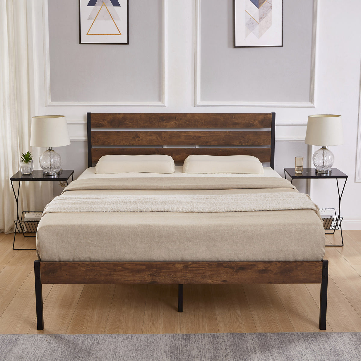 Full Size Bed Frame with Wood Headboard, Metal Frame with Strong Slats, Noise Free,No Box Spring Needed-Brown. W2336P167501-djyc