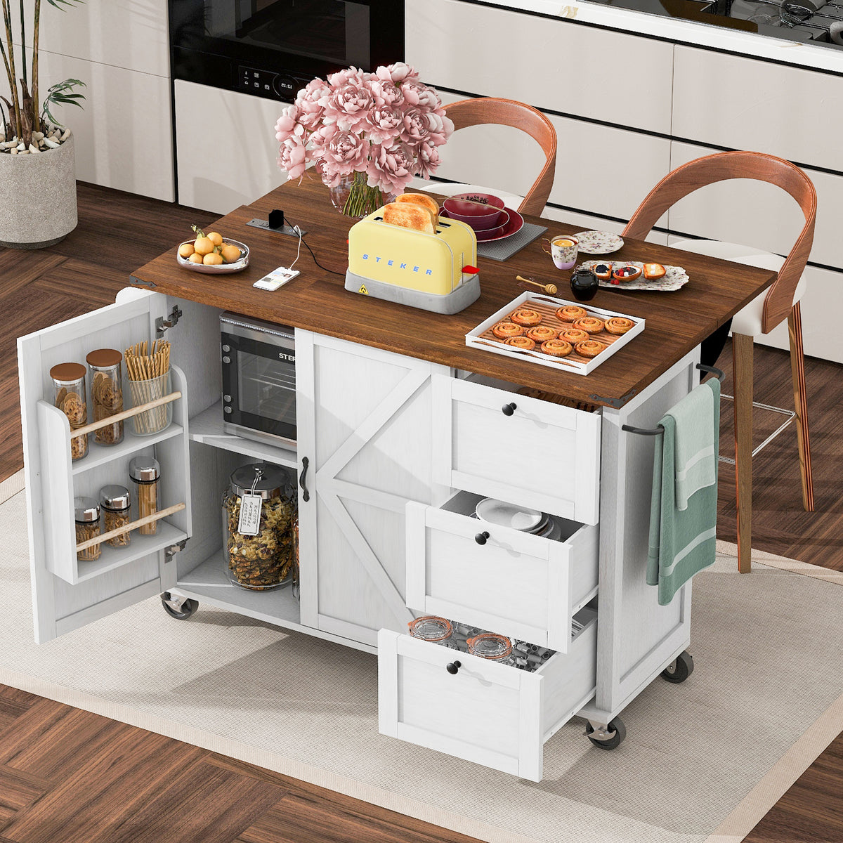 K&K 54.5" Farmhouse Kitchen Island with Power Outlet, Kitchen Storage Islandwith Internal Storage Rack, Drop Leaf, Spice Rack, Rolling Kitchen Cart on Wheels, for Home, Kitchen and Dining Room,White N707P170349W-djyc