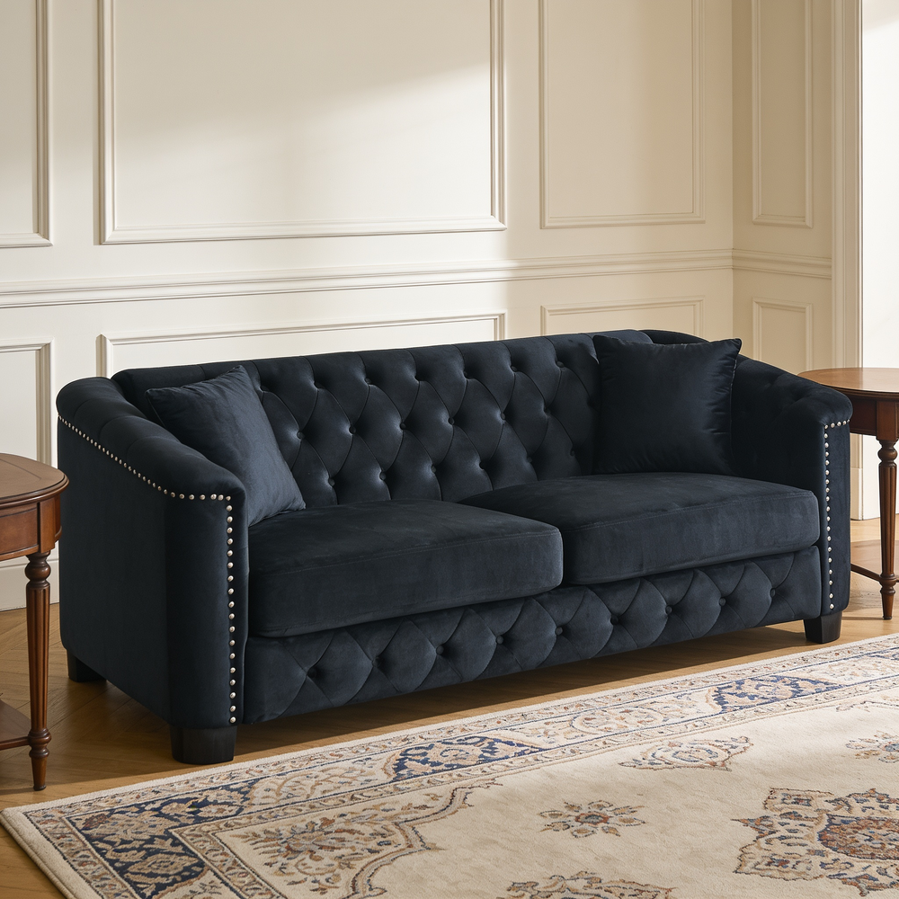 77-Inch Modern Chesterfield Velvet Sofa, 3-Seater Sofa, Upholstered Tufted Backrests with Nailhead Arms and 2 Cushions for Living Room, Bedroom, Apartment, Office (Black)-W834S00645 - 场景图