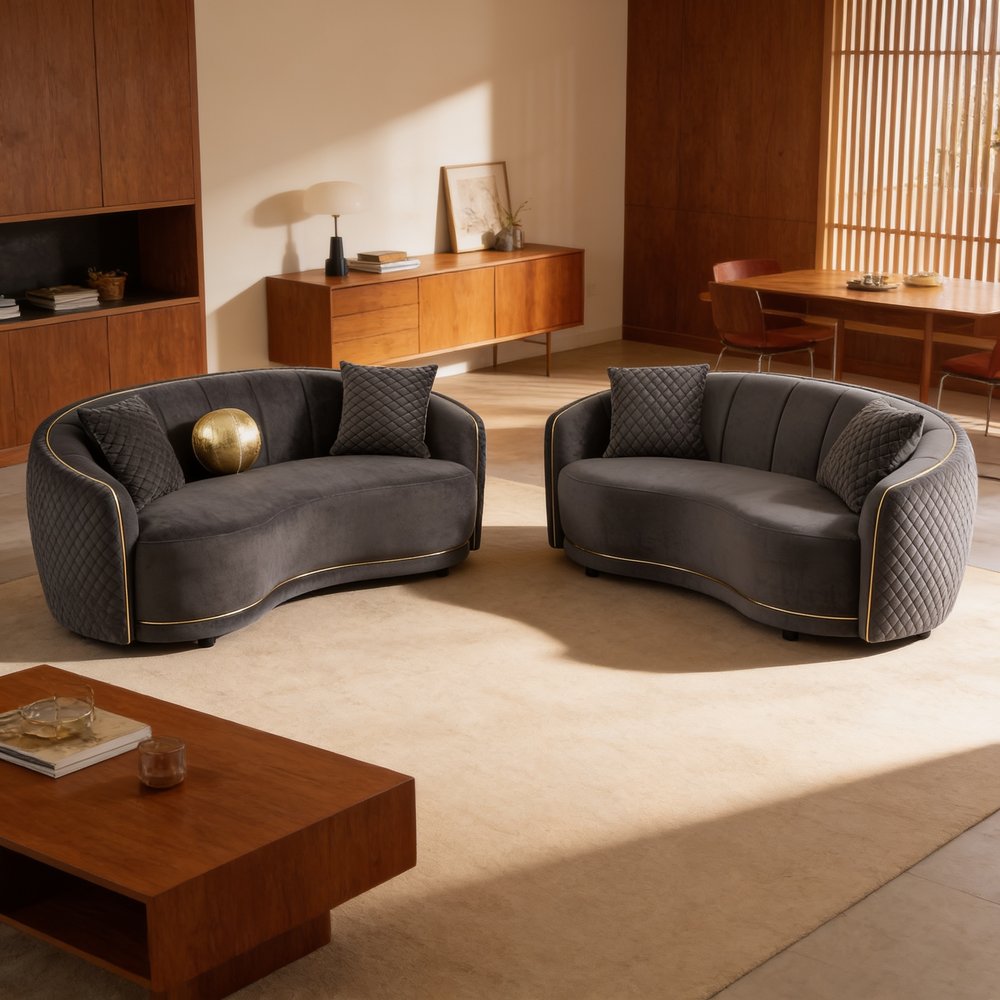 Lorraine Dark Grey 2-Piece Upholstered Sofa Set with Diamond Tufting and Gold Trim, Fabric and Wood Frame, Dark Grey-B062S01435 - 场景图
