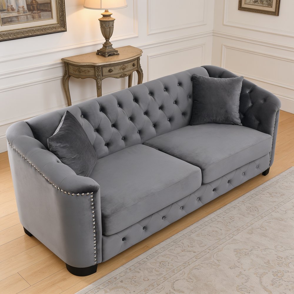 77-Inch Modern Chesterfield Velvet Sofa, 3-Seater Sofa, Upholstered Tufted Backrests with Nailhead Arms and 2 Cushions for Living Room, Bedroom, Apartment, Office (Grey)-W834S00644 - 场景图