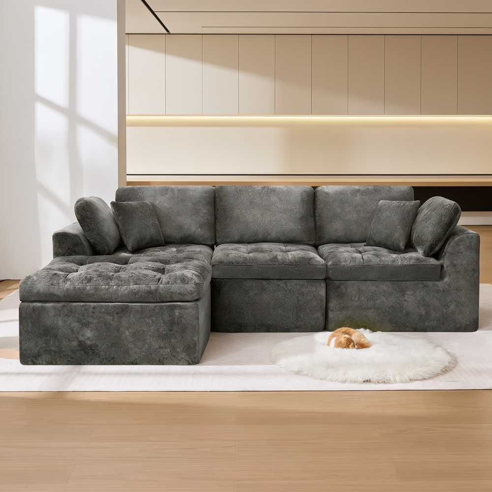 110' Cloud Sectional Couch for Living Room, Upholstered L-Shape Modular Sofa with Movable Ottoman, 3-Seater Deep-Seat Foam Couch, Comfortable Convertible Sectional for Home & Apartment-W1521S00084 - 场景图