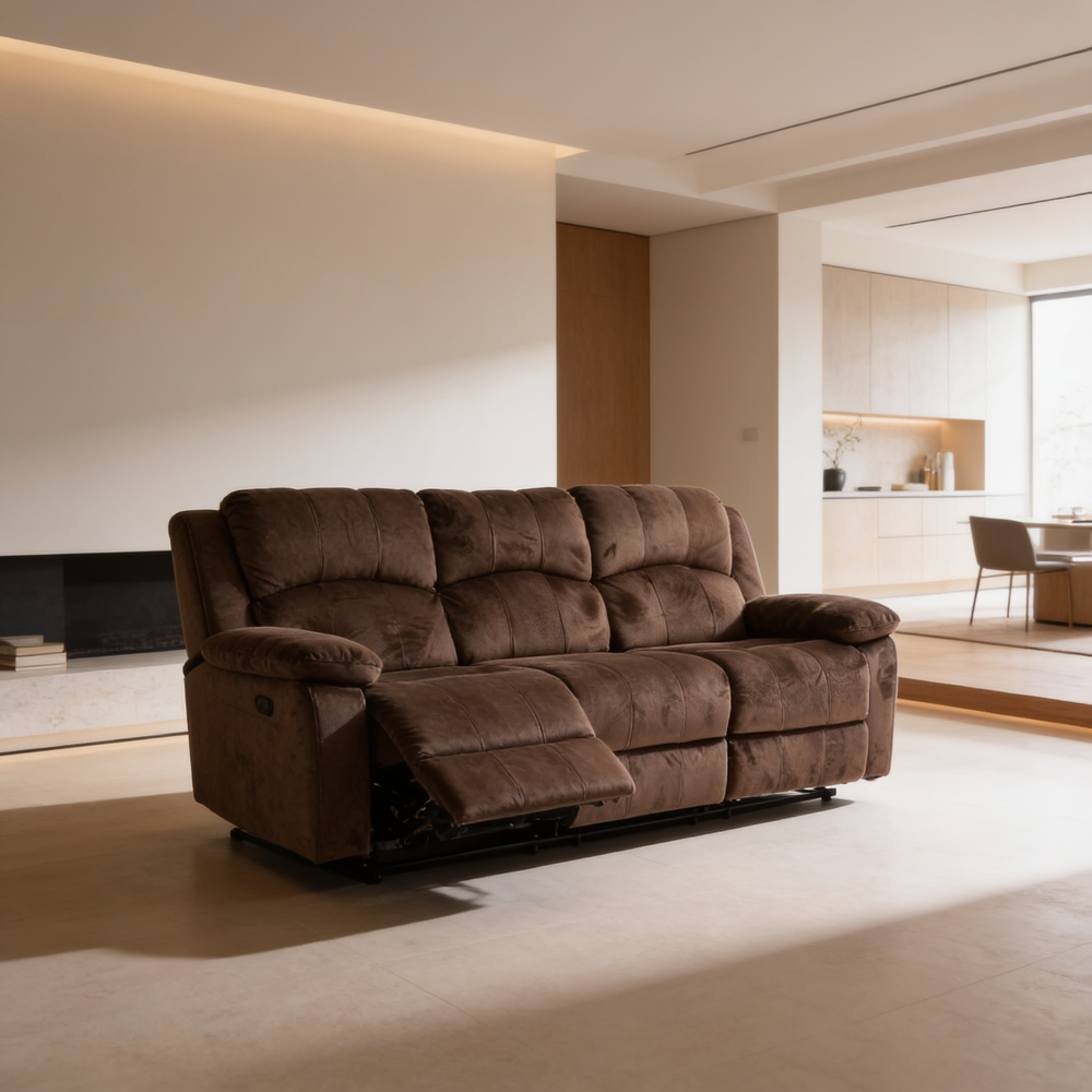 Modern Style 3pc Living Room Set 1x Sofa 1x Loveseat 1x Recliner Suede Padded Seat Metal Reclining Pillow Arms Cushion Back Chocolate Finish Primary Living Room Furniture-B011S02394 - 场景图
