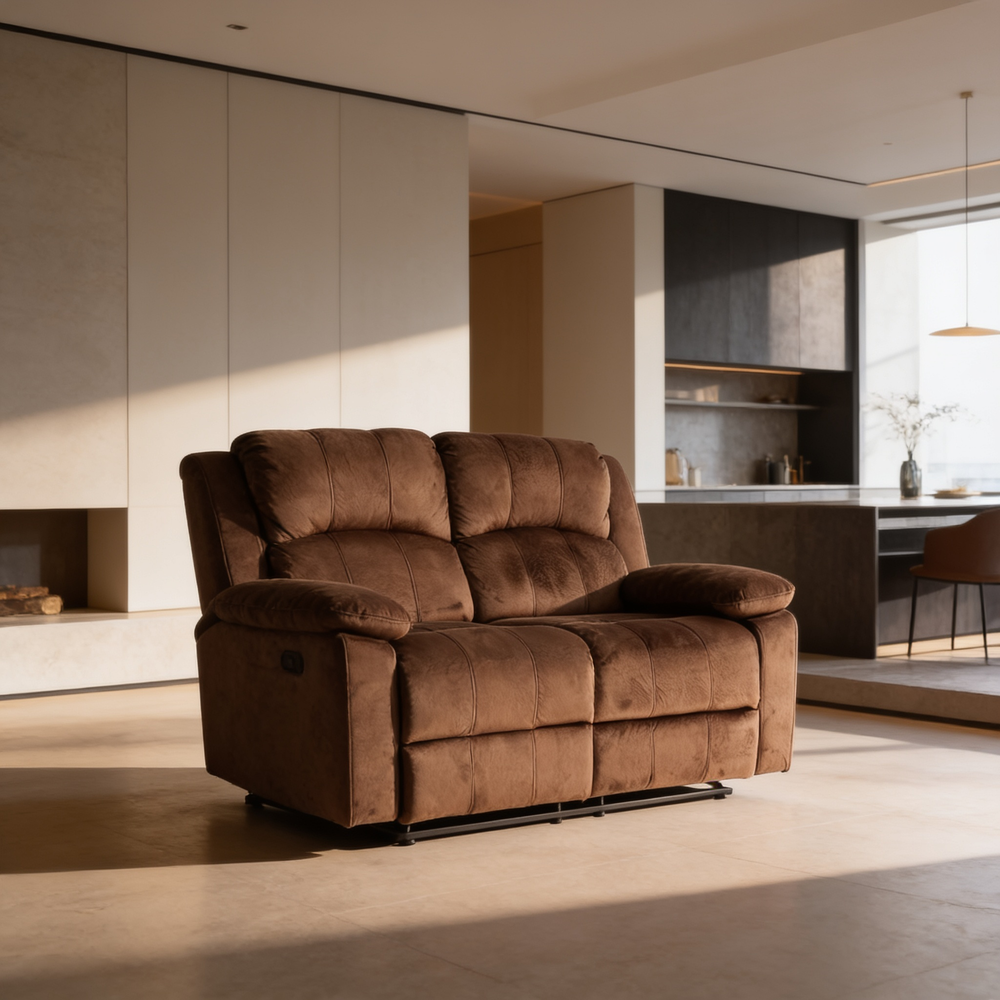Modern 2pc Living Room Set 1x Loveseat 1x Recliner Suede Padded Cushion Back Pillow Arms Metal Reclining Chocolate Finish Primary Living Room Furniture-B011S02397 - 场景图